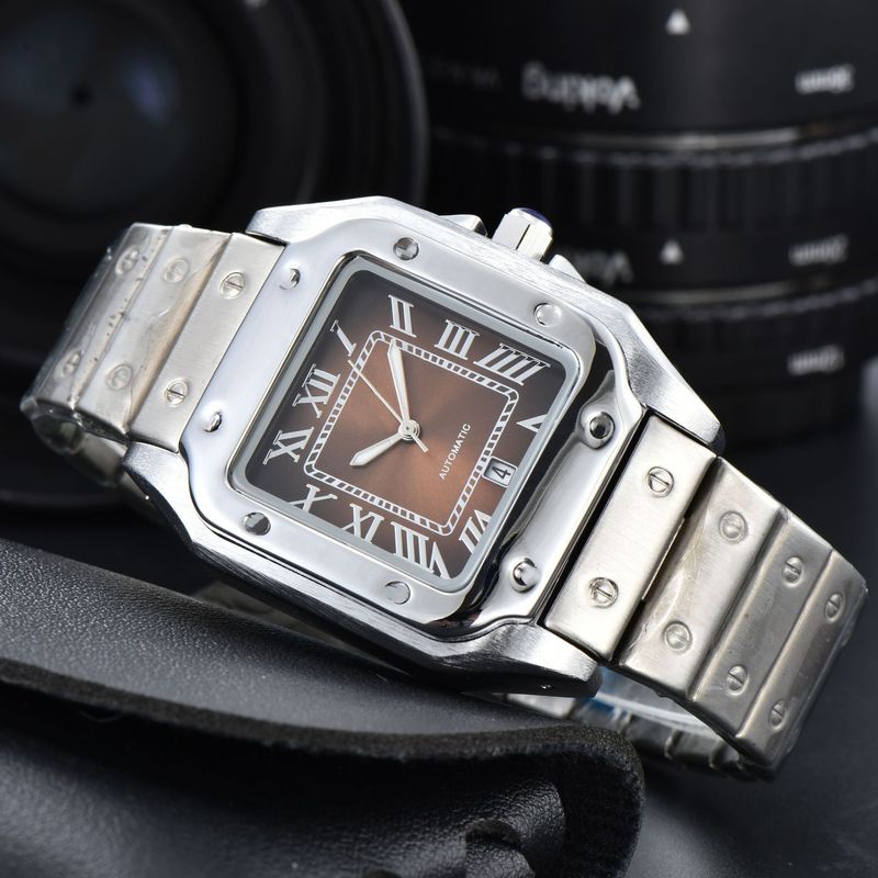 Men's Stainless Steel Square Analog Quartz Watch With Date Display, Business Casual Timepiece, 40.5mm Case, Butterfly Clasp_voghion.com