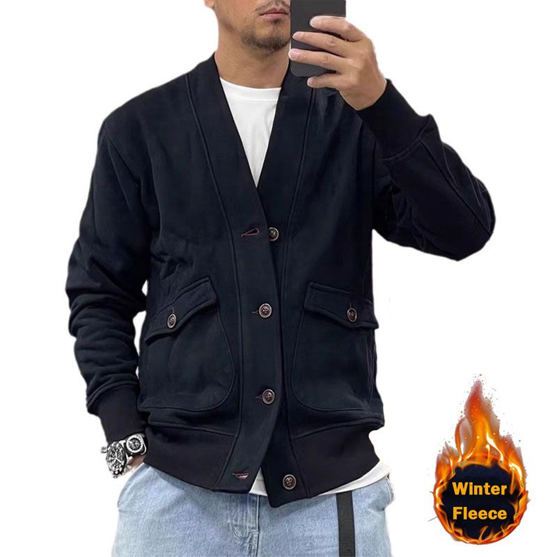 ActiveGo ActiveGo Commercio Estero Autunno Inverno Nuovo Pile Ispessito Europeo e Americano Giacca con Scollo a V da Uomo Cardigan Retrò alla Moda_voghion.com