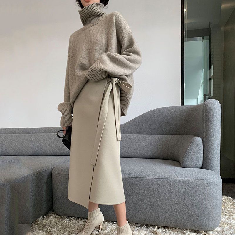 Maglione oversize da donna in misto cashmere con collo alto - Pullover morbido e ampio in maglia con motivo 3D, caldo top casual invernale_voghion.com