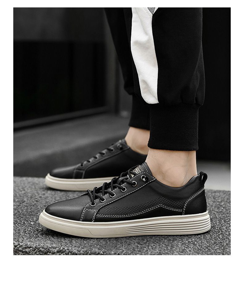 Men's Casual Board Shoes Two-layer Cowhide Hong Kong Style Tide And Breathable Flat-bottomed Men's Small Leather Shoes Elastic Shoes_voghion.com