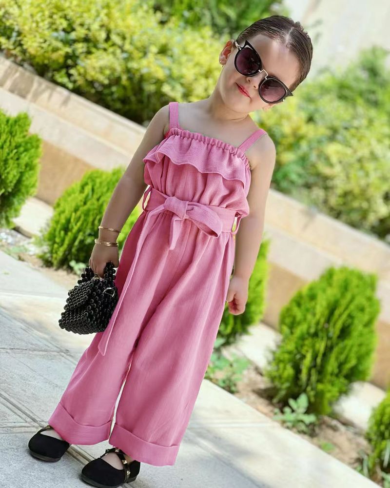 Abbigliamento per bambini, nuove ragazze, in cotone e lino, tinta unita, senza maniche, con cintura, pantaloni a gamba larga_voghion.com