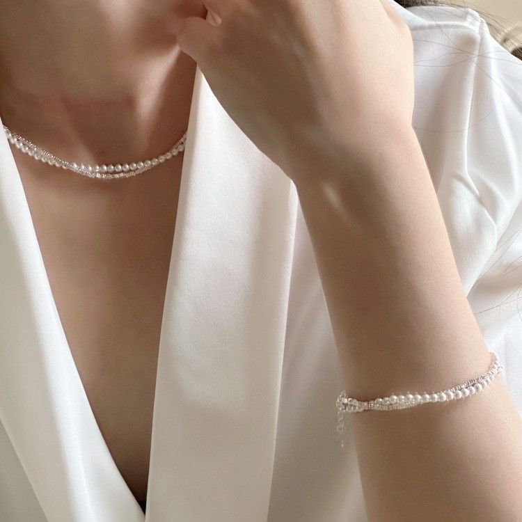 Collier en argent pur brisé avec perles Shijia pour femme, style estival, double rang, léger et luxueux, décolleté clavicule._voghion.com