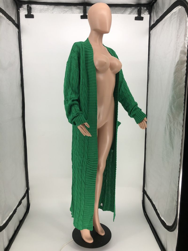 Damenbekleidung Locker gestrickte Strickjacke, gemütliche, übergroße Strickjacke mit Taschen, langer Zopfmuster-Pullovermantel, lockerer Boho-Chic, offene Vorderseite_voghion.com