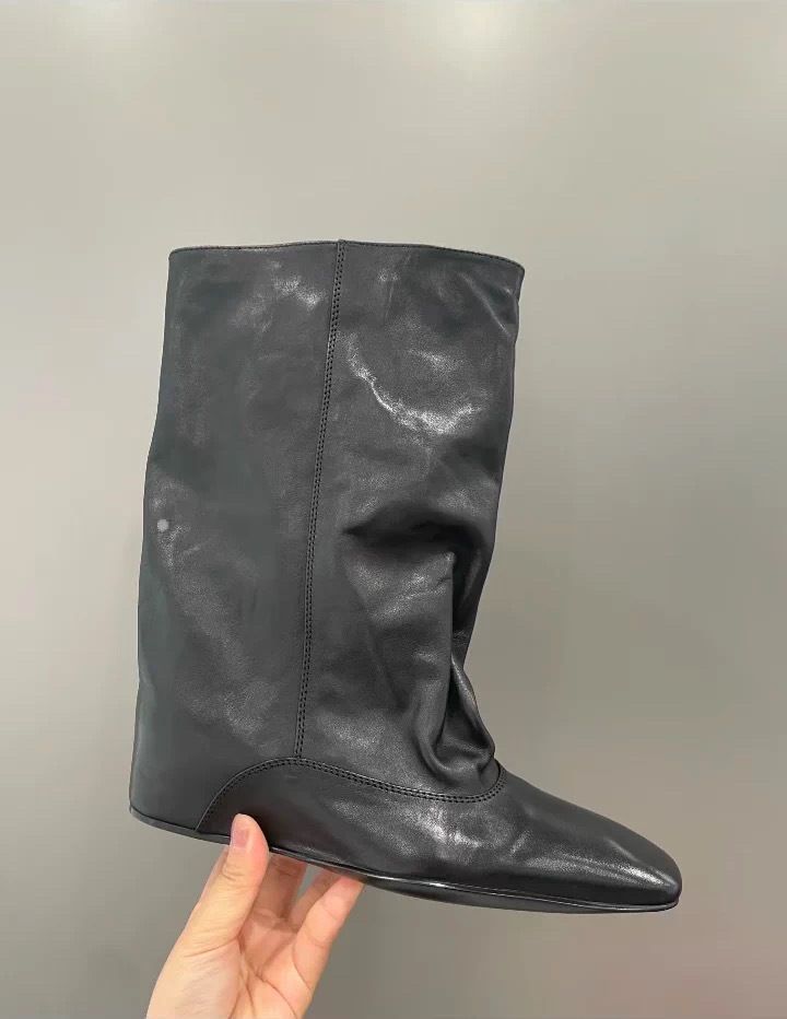 Sheepskin Version~British Style Wrinkled Feel Square Toe Hidden Heel Wide Tube Mid-Calf For Women 2025 New Knight Boots_voghion.com