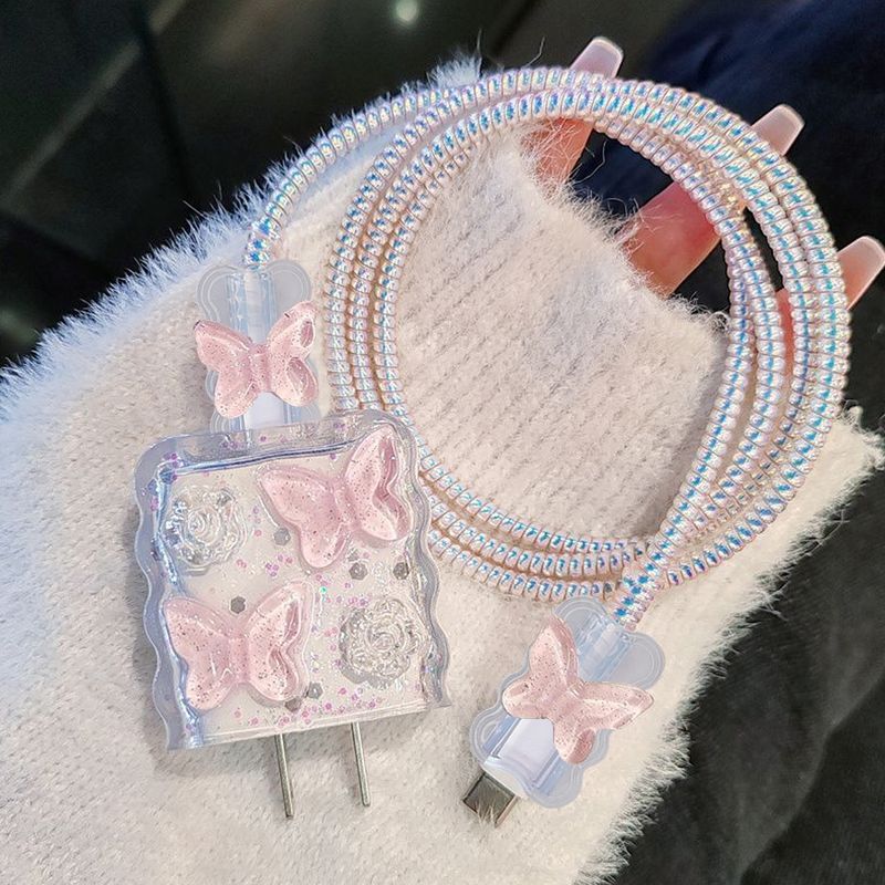 Drip glue pink butterfly suitable for data cable case, mobile fast charging 20W charger protective case_voghion.com