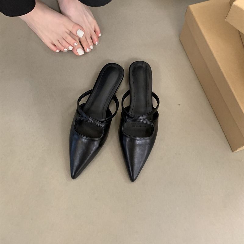 Mules basse da donna in morbida pelle con punta a punta, stile francese, per l'abbigliamento estivo all'aperto_voghion.com