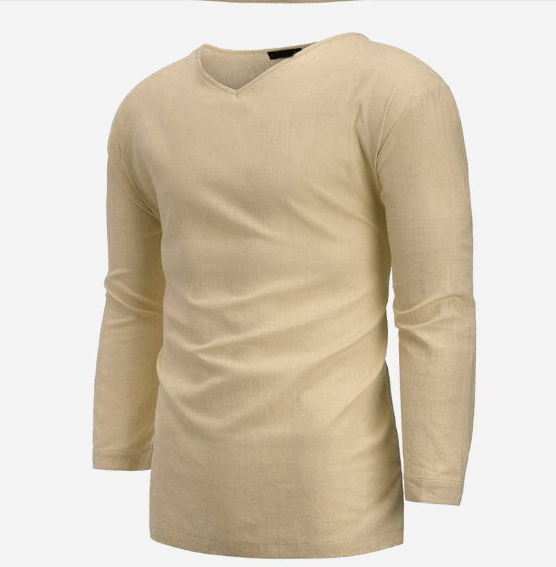 Camicia ampia in lino di cotone con scollo a V a maniche lunghe da uomo nuova 2024_voghion.com