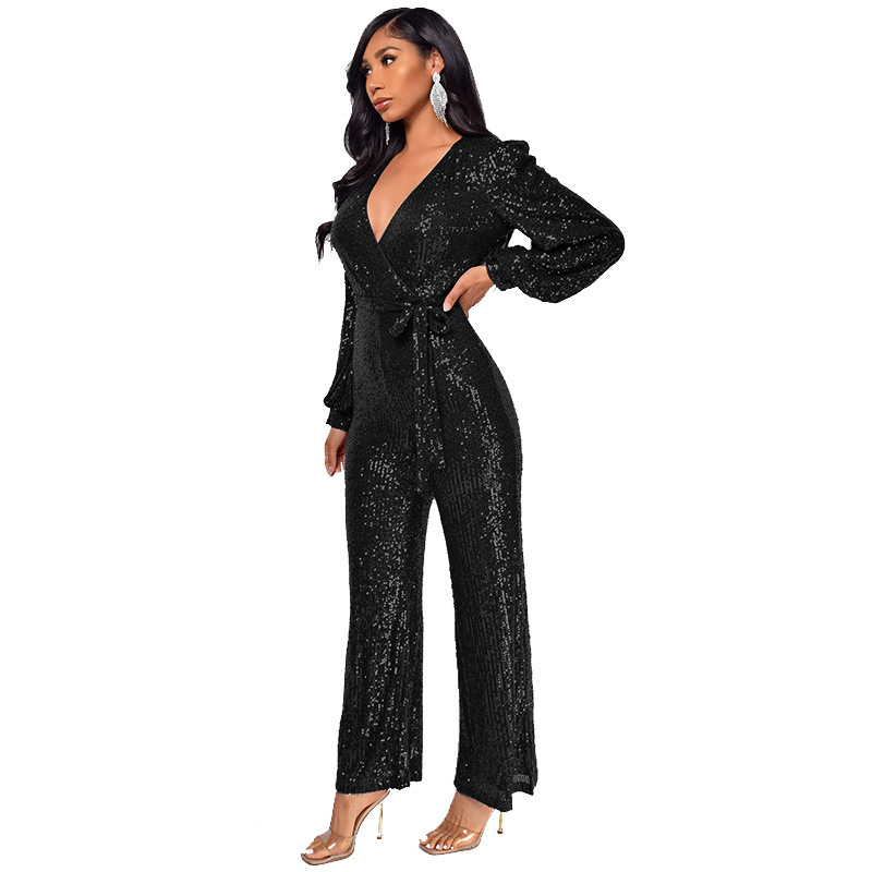 Damkläder Ins Style Deep V Mode Casual Jumpsuit Långärmat Bälte Paljett Jumpsuit Dam_voghion.com