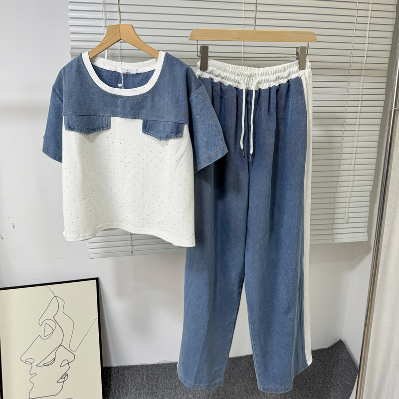 Sommer nyt modesæt til kvinder: Denim-syet hot diamant T-shirt med korte ærmer + afslappet lige, vide benbukser i to dele_voghion.com
