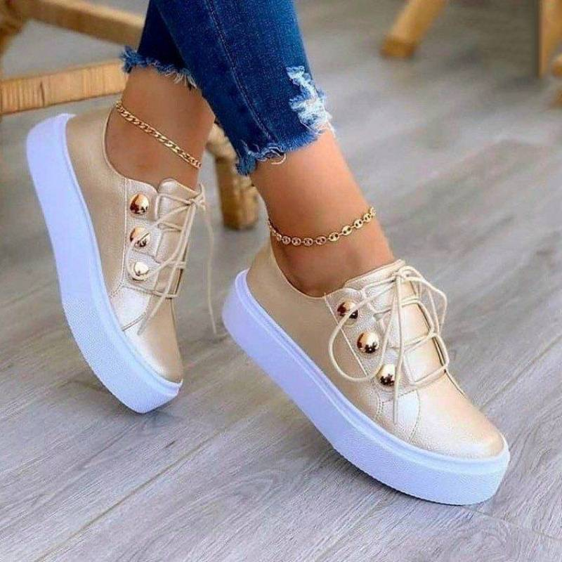Scarpe casual da donna in pelle con lacci, scarpe da ginnastica da donna con suola spessa, decorazioni in metallo, scarpe piatte traspiranti da donna_voghion.com