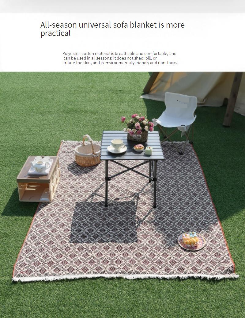 Manta de picnic gruesa vintage: impermeable y antipolvo, con flecos, ideal para salidas de primavera y acampadas._voghion.com
