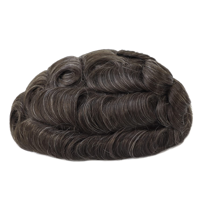 Q6 Toupet für Männer, 100 % Echthaar, französische Spitze vorne, Poly-Haut, gebleichtes Haar, Ersatzsystem, Perücken, Dunkelbraun mit 10 % Grau, Farbe Nr. 310_voghion.com