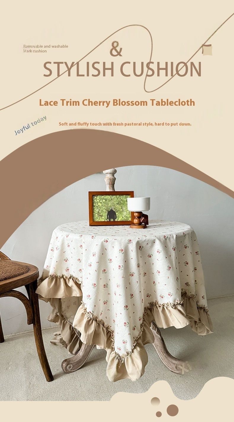 Tovaglia smerlata con fiori di ciliegio - Copritavolo quadrato in poliestere per tavoli da pranzo e da caffè, in beige/marrone, decoro floreale_voghion.com