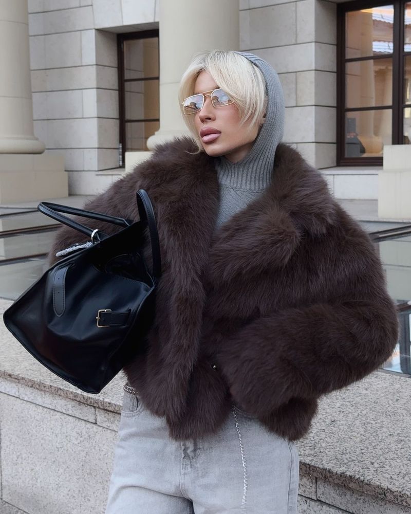 Vintage Faux Fur Coat Women's Short Plush Jacket With Fox Fur Collar, Warm Winter Outerwear In Brown/White, Retro Elegant Style_voghion.com