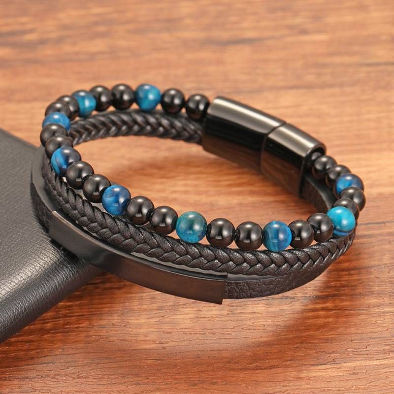 Men's Braided Multi-Layer Black Genuine Leather Bracelet With Natural Tiger Eye Stone, Magnetic Closure, Handcrafted Chain Link Cuff_voghion.com