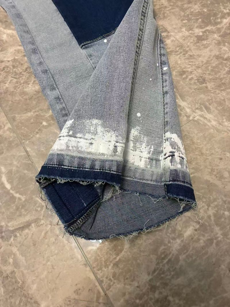 Men's Distressed Patchwork Flare Jeans - Stretch Denim Workwear Pants With Artisan Detailing, Wide-Leg Streetwear_voghion.com