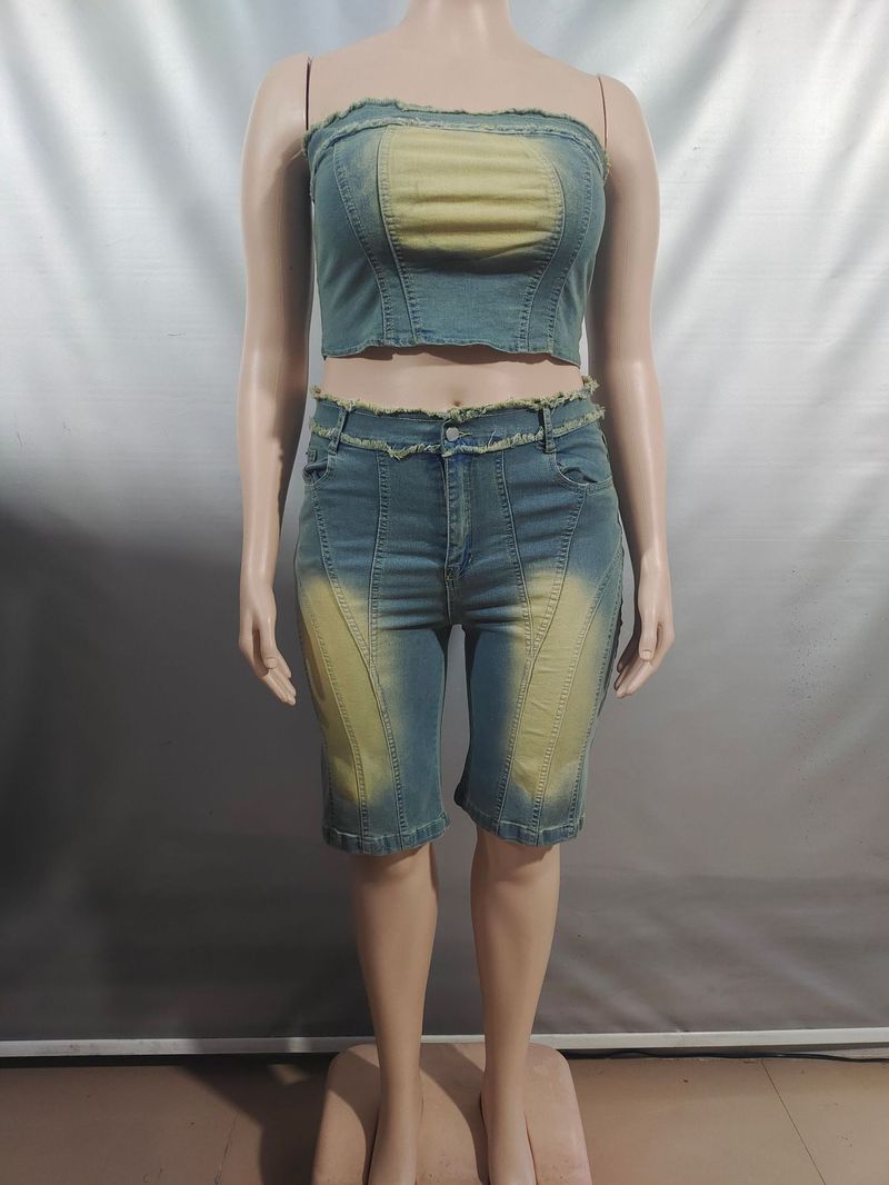 Women's Clothing Jeans Suit Fashion Raw Edge Wrap Top High Waist Denim Shorts_voghion.com
