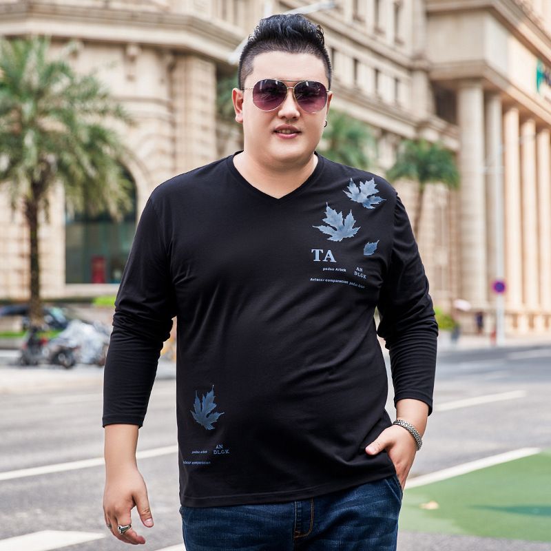 Large Size Men's Large Size Men's Maple Leaf Printing Long-sleeved T-shirt Men's Spring And Autumn Loose Large Size V-neck T-shirt Men's Bottoming_voghion.com