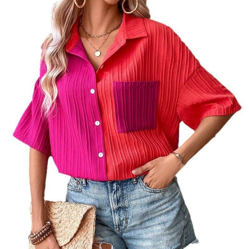 Verve 2025 Summer Button-Up Lapel Patchwork Short Sleeve Casual Top Women's Shirt_voghion.com