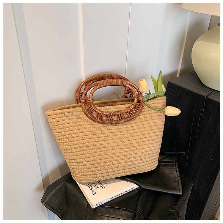 Ny nischdesignad handväska med stor kapacitet, minimalistisk och elegant vävd tygväska för kvinnor med strandgräs_voghion.com