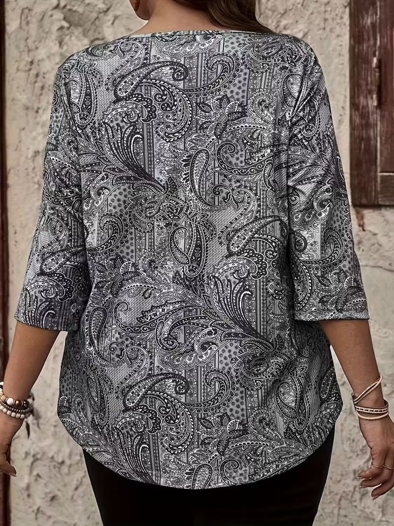 Plus Size Women's Paisley Print Long Sleeve Button-Down Blouse - Loose Fit Casual Tunic Top For Autumn & Winter (Green, Grey)_voghion.com