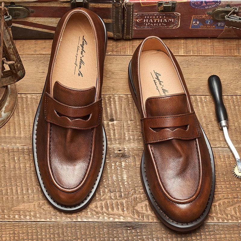 Britische Penny Loafers mit Rindsleder und Bohnen-Zehenschicht, handgefertigter One Foot Lazy Schuhüberzug für Herren, lässige Lederschuhe_voghion.com