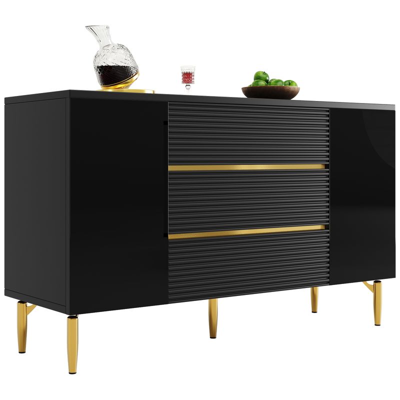 Kommode Schwarz Mit Kariertem Schubladendesign, Goldverzierung_voghion.com