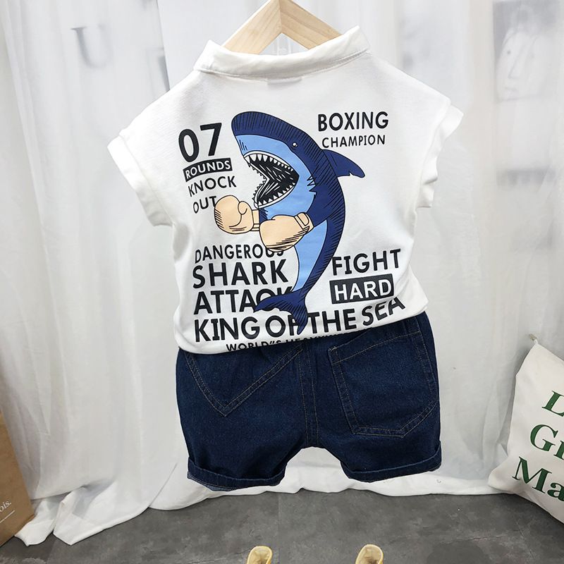 Ropa para madres y niños, novedad de verano, versión coreana para niños, camiseta con solapa, pantalones cortos, traje sin mangas con estampado de dibujos animados para niños_voghion.com