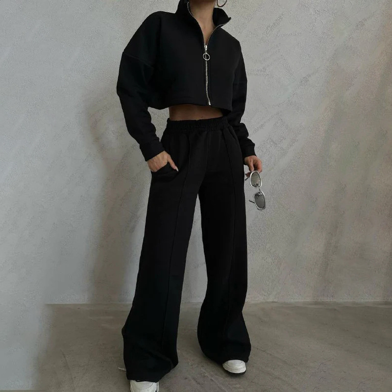2025 Spring And Autumn New Women's Solid Color Round Neck Pullover Sleeve Sweatshirt Fashion Casual Long Pants Set_voghion.com
