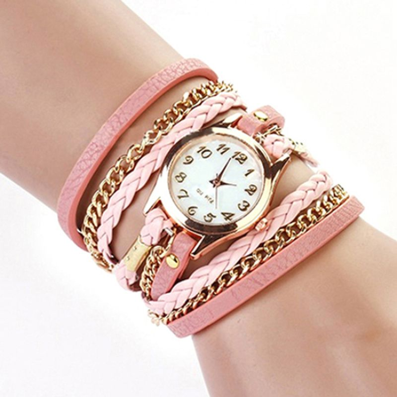 Yamaler Damen-Armbanduhr, lässig, Vintage-Stil, geflochten, mehrschichtig, Kunstlederarmband_voghion.com