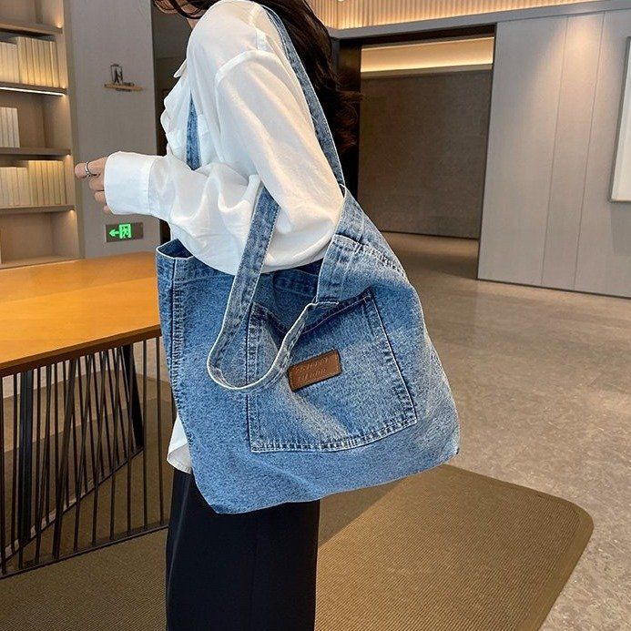 Borsa shopping in denim di grande capacità da donna, semplice in tela per studenti, a tracolla e a mano_voghion.com