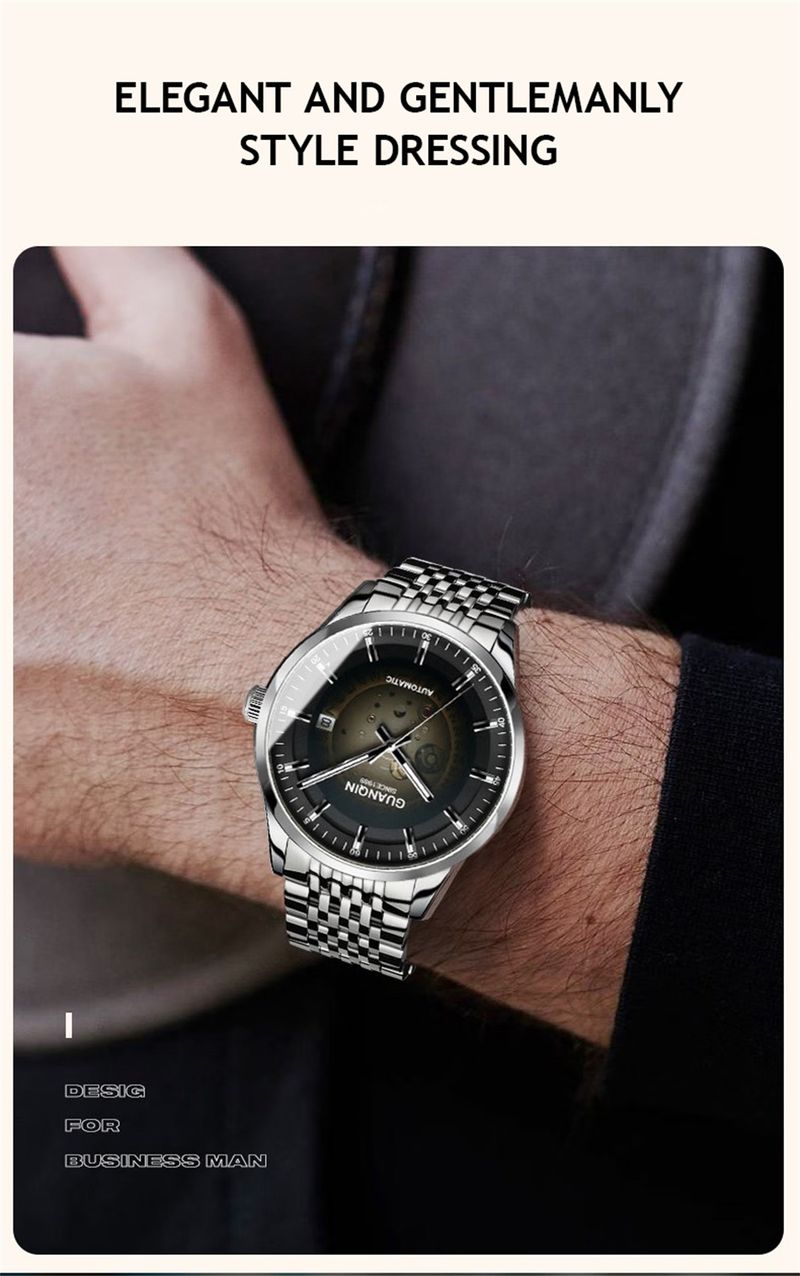 Orologio da uomo di lusso GUANQIN in acciaio inossidabile con data e movimento meccanico automatico giapponese Miyota._voghion.com