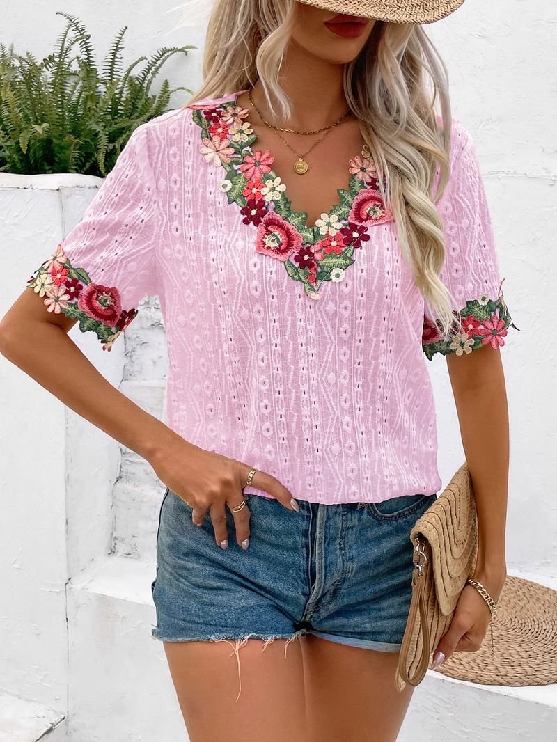 T-shirt top a maniche corte in pizzo con scollo a V profondo sexy per abbigliamento da donna _voghion.com