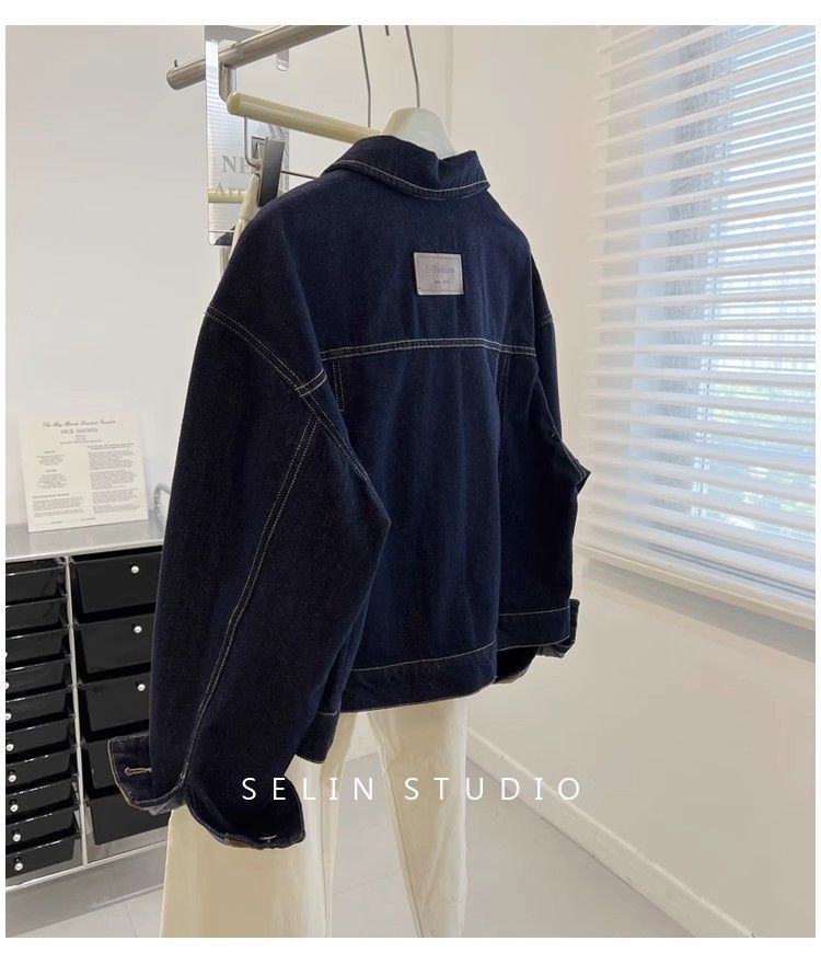 Giacca in denim oversize da donna - Stile boyfriend retrò, blu scuro, vestibilità comoda, cappotto casual unisex per l'autunno_voghion.com