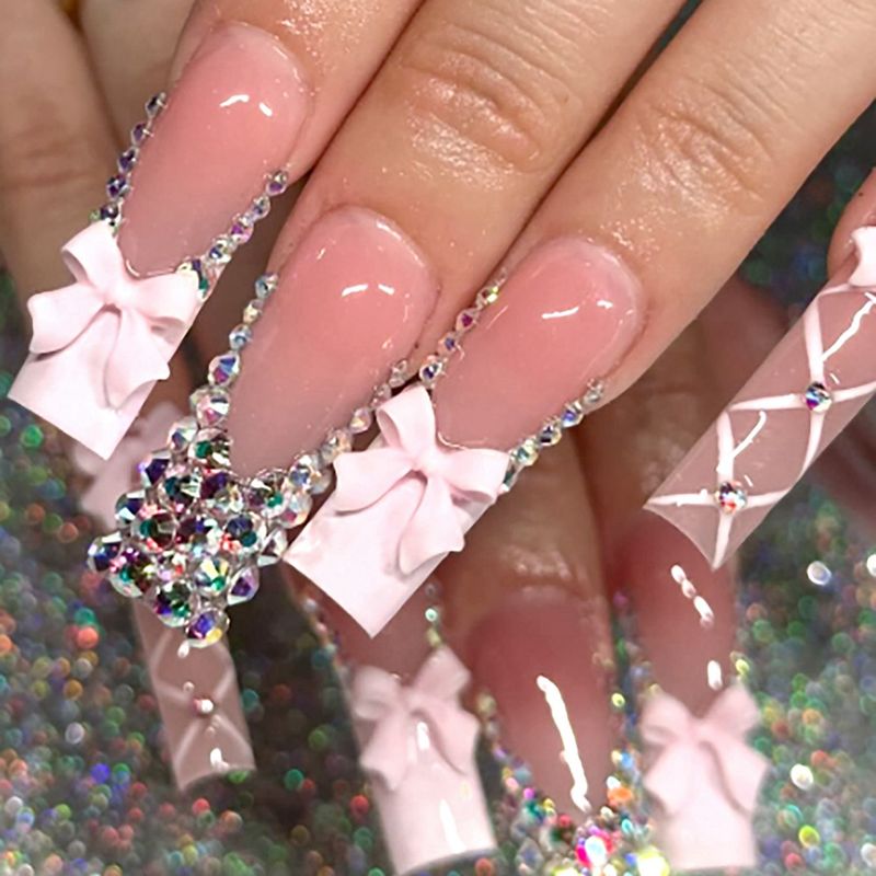 Eleganti unghie lunghe alla francese rosa con fiocco e strass - Unghie finte a pressione per donna, compatibili con colla/gel riutilizzabili, stile dolce e glamour_voghion.com