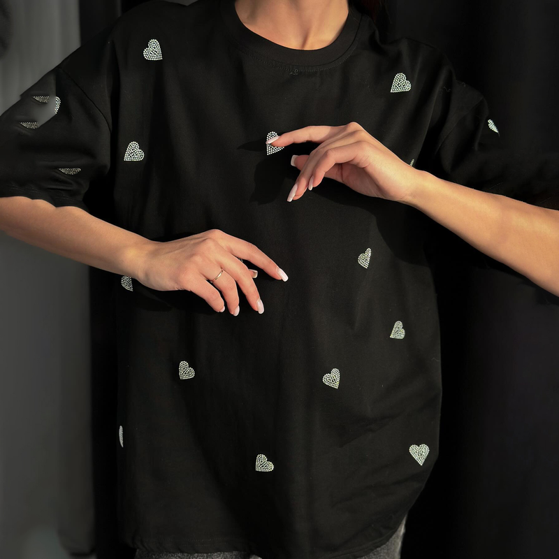 women's Fashionable loose fitting half with shoulder drop in 2024 summer Instagram style heart hot diamond basic round_voghion.com