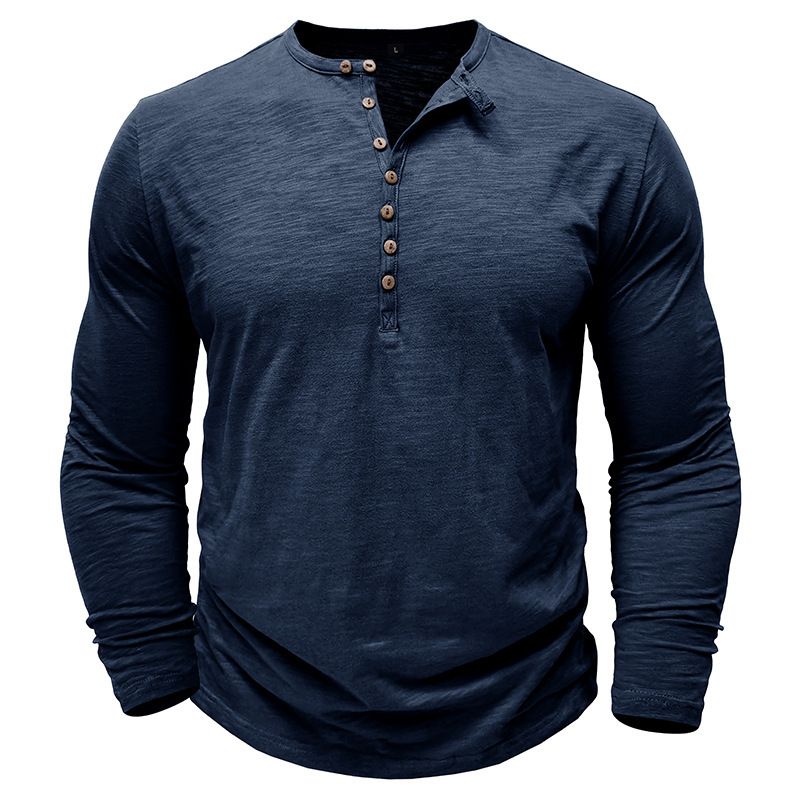2025 Langarm Herren Top Frühling Herbst Bambus Baumwolle Einfarbig Knopf Henley Shirt Männer_voghion.com