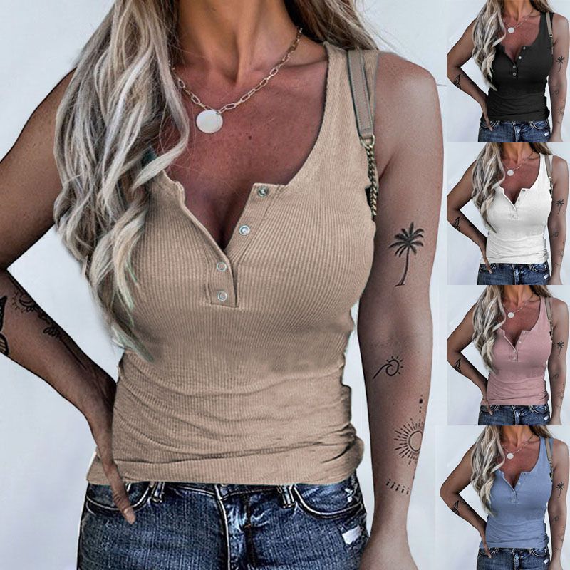 2023 sommer Neue frauen Gewinde Taste Slim Fit Tank Top T-shirt_voghion.com