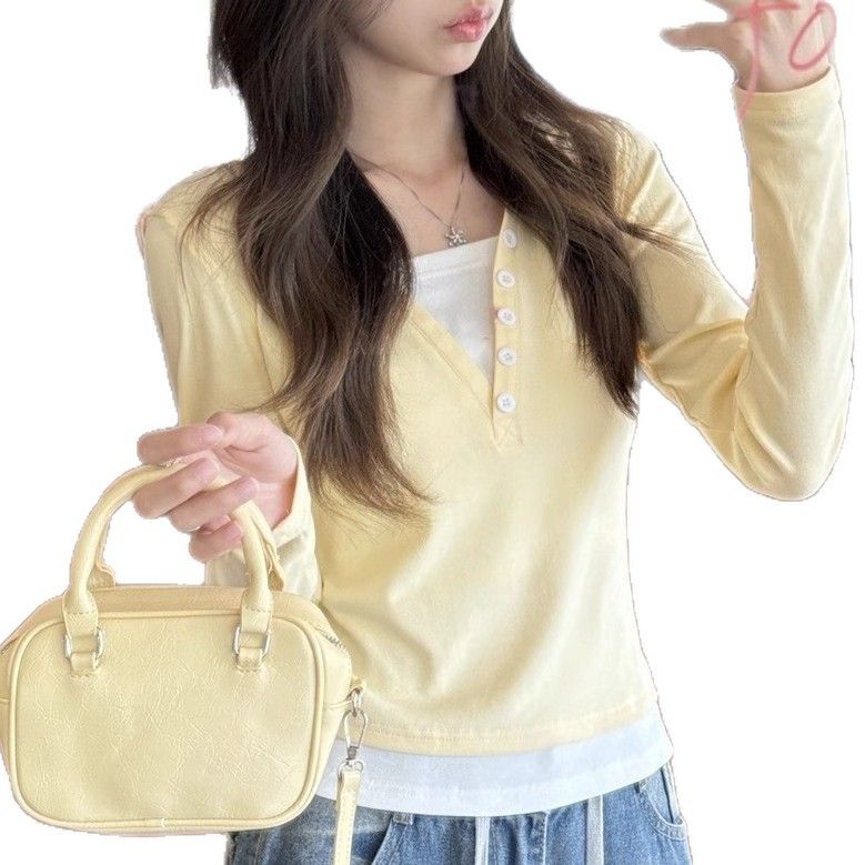 Early Autumn Cream Yellow Two-Piece Long Sleeve T-Shirt For Women 2025 New Slim Fit Regular Shoulder Short Design_voghion.com