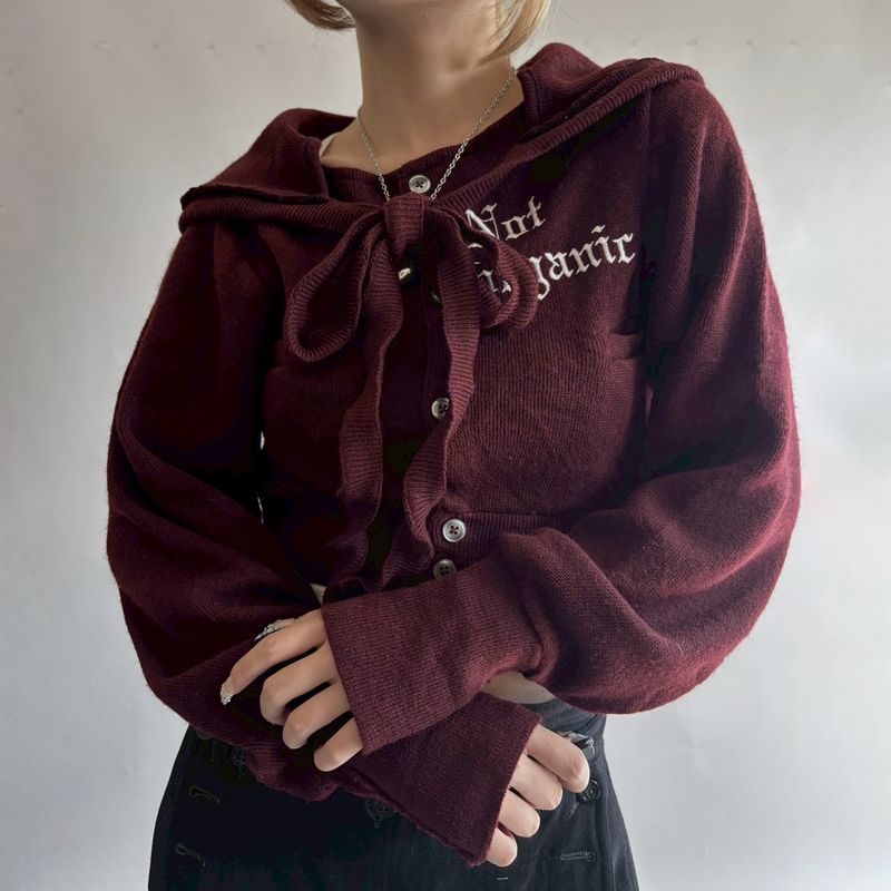 Cardigan con cappuccio retrò e ricamo di lettere – Maglione corto in maglia aderente con coulisse in vita (cappuccio oversize, elemento essenziale per lo streetwear)_voghion.com