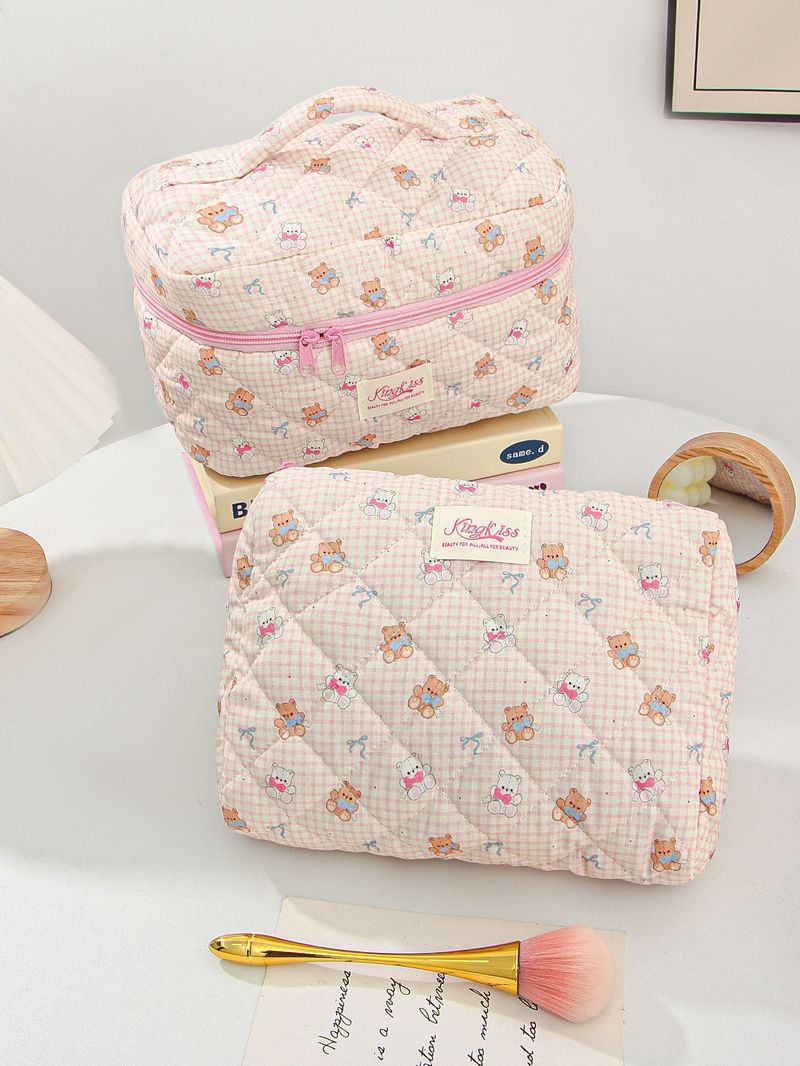Plaid Cute Bear Cosmetic Bag Ins Style Large Capacity Storage Bag Quilted Portable Travel Toiletry Bag_voghion.com