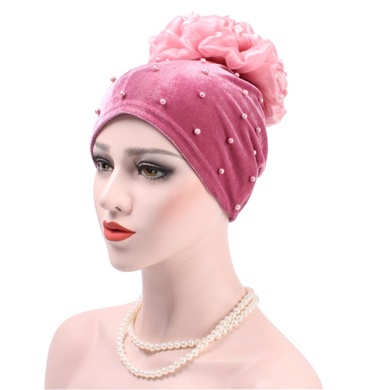 Neuer Baotou-Hut aus einfarbigem Samt mit Nagelperlen und Blumen-Turban-Hut auf der Rückseite auf Lager_voghion.com