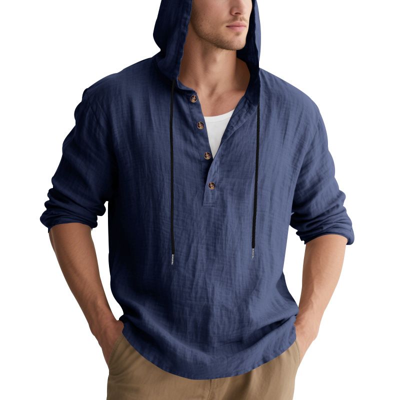 Lente en herfst lang mouwen linnen overhemd heren capuchon casual losse T-shirt trui heren_voghion.com