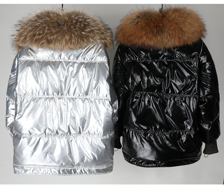 Fraen iwwergrouss Hoer Halsband wäiss Ent Warmjacket Kuerz Broutkleed loose Sëlwer Warmjacketjacket_voghion.com