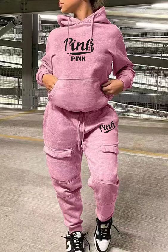Conjunto deportivo de dos piezas con sudadera informal a la moda para mujer_voghion.com