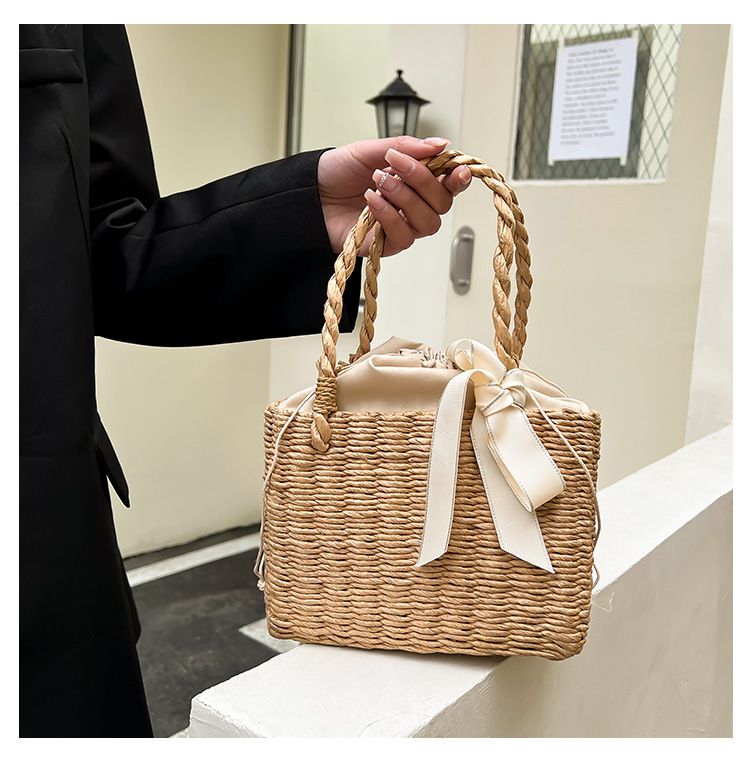 Women's Shoulder Bags Simple Hand-held Woven Bag, Handbag, Bow Tie Storage Basket, Woven Storage, Small Square Bag_voghion.com