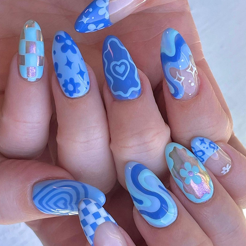 Unhas falsas brancas de amêndoa francesa de verão 24 peças com pérolas, cabeça curta e redonda, design de flores, usável, pré-embaladas_voghion.com