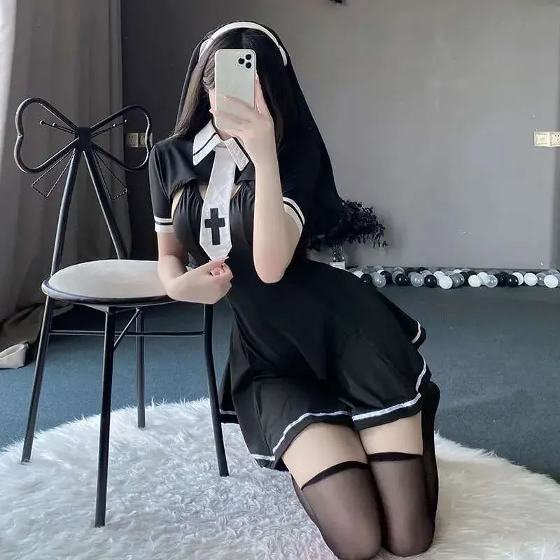2Pcs/Set Sexy Nun Cosplay Costume For Women Cute Anime Roleplay Gerie Uniform With Headwear Halloween Performance Fancy_voghion.com