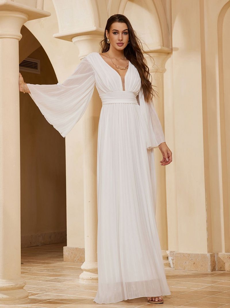 Robe de soirée longue élégante à col en V pour femme - Robe trapèze longue au sol avec volants, décolleté en V profond et manches longues pour banquet ou bal de fin d'année_voghion.com