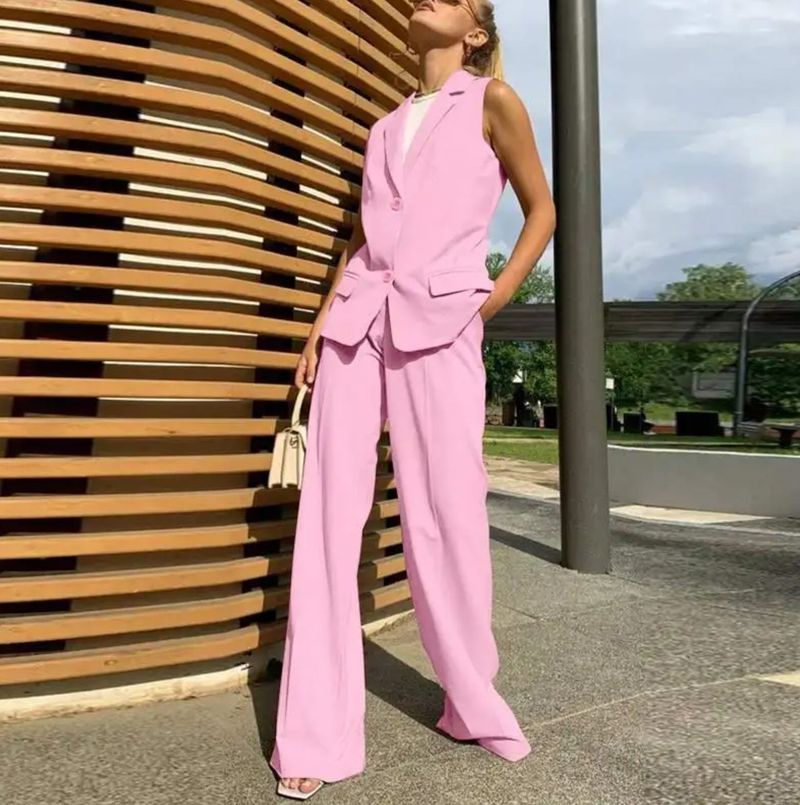 Kadın Giyim Moda Takım Elbise Yaka Yelek Yelek Geniş Paça Pantolon Günlük Takım Elbise_voghion.com